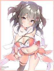 Rule 34 | 1girl, adapted costume, alternate breast size, artist name, bikini, black thighhighs, blush, breasts, brown eyes, brown hair, cleavage, closed mouth, feet out of frame, hair between eyes, halkawa501, highres, kantai collection, looking at viewer, medium breasts, navel, orange bikini, scarf, sendai (kancolle), sendai kai ni (kancolle), short hair, single thighhigh, smile, solo, swimsuit, thighhighs, two side up, white scarf