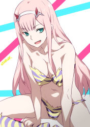 Rule 34 | 10s, 1girl, :d, blunt bangs, breasts, commentary request, cosplay, crossover, darling in the franxx, eyeshadow, fang, fangs, female focus, finger gun, from above, green eyes, hairband, hand on own hip, horns, jacket, joy ride, long hair, long sleeves, looking at viewer, lum, lum (cosplay), makeup, medium breasts, navel, necktie, open mouth, pink hair, signature, sitting, smile, solo, spread legs, standing, urusei yatsura, zero two (darling in the franxx)