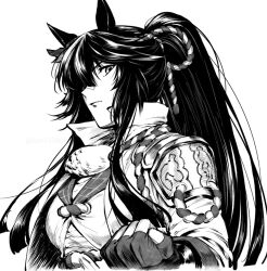 Rule 34 | 1girl, animal ears, bandaid, bandaid on face, bandaid on nose, black hair, clenched hand, commentary, from side, greyscale, hair over one eye, horse ears, horse girl, long hair, long sleeves, looking at viewer, monochrome, narita brian (umamusume), ponytail, simple background, solo, symbol-only commentary, umamusume, upper body, uruimu, white background