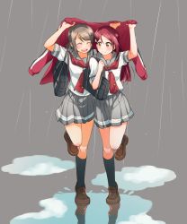 Rule 34 | 2girls, ^ ^, bag, black socks, blush, brown footwear, closed eyes, covering head, grey background, grey hair, hair ornament, hairclip, highres, holding, holding clothes, holding jacket, holding strap, improvised umbrella, jacket, unworn jacket, kneehighs, loafers, long hair, looking at another, love live!, love live! sunshine!!, multiple girls, neckerchief, open mouth, outdoors, pleated skirt, puddle, rain, red hair, red neckerchief, sakurauchi riko, school bag, school uniform, serafuku, shared clothes, shared jacket, shoes, short hair, short sleeves, skirt, smile, socks, standing, standing on one leg, swept bangs, tie clip, track jacket, uranohoshi school uniform, watanabe you, yellow eyes, yuchi (salmon-1000)