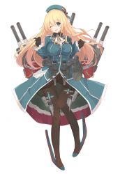 Rule 34 | 10s, 1girl, atago (kancolle), beret, black gloves, black pantyhose, blonde hair, blue dress, blue eyes, blush, dress, frilled sleeves, frills, full body, gloves, hat, highres, kagerou (shadowmage), kantai collection, long hair, looking at viewer, machinery, military, military uniform, one eye closed, pantyhose, smile, solo, turret, uniform, white background