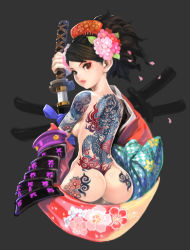 Rule 34 | 1girl, armor, ass, ass support, breasts, brown eyes, brown hair, cameo, comb, flower, full-body tattoo, hair flower, hair ornament, hip focus, irezumi, japanese armor, japanese clothes, katana, large breasts, lips, looking back, momohime, momohime (hitodama), muuten, nude, oboro muramasa, petals, ponytail, red eyes, sheath, short hair, shoulder armor, sode, solo, sword, tattoo, unsheathing, vanillaware, weapon, wide hips
