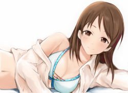 Rule 34 | 1girl, bikini, bikini top only, blouse, blush, breasts, brown eyes, brown hair, cleavage, idolmaster, idolmaster cinderella girls, long hair, looking at viewer, lying, medium breasts, nannacy7, nitta minami, on side, open clothes, shirt, simple background, smile, solo, swimsuit, upper body, white background, white shirt