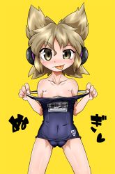 Rule 34 | 1girl, :p, bare shoulders, blonde hair, byourou, cameltoe, clothes pull, collarbone, earmuffs, headphones, looking at viewer, one-piece swimsuit, one-piece swimsuit pull, school swimsuit, simple background, solo, strap pull, swimsuit, tongue, tongue out, touhou, toyosatomimi no miko, wet, yellow background, yellow eyes
