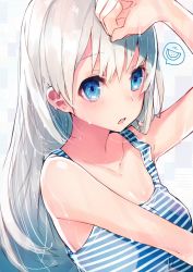 Rule 34 | 1girl, bare shoulders, blue eyes, blush, grey hair, hand up, highres, long hair, mika pikazo, original, parted lips, shirt, sleeveless, sleeveless shirt, solo, striped clothes, striped shirt, upper body, wet
