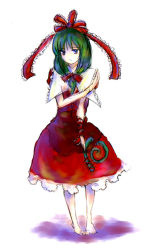 Rule 34 | 1girl, barefoot, bow, bowtie, collar, dress, female focus, frills, front ponytail, full body, green eyes, green hair, hair bow, kagiyama hina, looking at viewer, matching hair/eyes, red bow, red bowtie, red dress, shippori, shishou, short hair, simple background, solo, standing, touhou, white background
