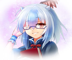 Rule 34 | 1girl, blue hair, blush, book, glasses, gradient background, head wings, horns, multicolored hair, red eyes, short hair, silver hair, single head wing, smile, solo, tokiko (touhou), touhou, two-tone hair, wings, z.o.b