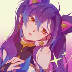 Rule 34 | 1girl, absurdres, artist name, bare shoulders, blush, double bun, earrings, gradient background, hair between eyes, hair bun, hand on own chest, highres, jewelry, jinx (league of legends), league of legends, looking to the side, parted lips, portrait, purple hair, ruan chen yue, solo, sparkle, star guardian (league of legends), star guardian jinx, twintails, yellow eyes