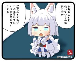 Rule 34 | 1girl, animal ears, azur lane, blunt bangs, blush, chibi, clenched hand, commander (azur lane), commentary request, detached sleeves, eyeshadow, fox ears, fox girl, fox tail, gloves, hands on own hips, hat, japanese clothes, kaga (battleship) (azur lane), kitsune, kyuubi, long sleeves, looking at viewer, makeup, mini hat, multiple tails, out of frame, short hair, sidelocks, tail, taisa (kari), translation request, twitter username, white gloves, white hair, wide sleeves