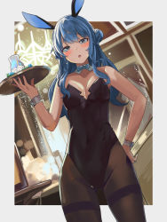 Rule 34 | 1girl, animal ears, bare shoulders, blue bow, blue bowtie, blue eyes, blue hair, blush, bow, bowtie, breasts, covered navel, hair bun, hand on own hip, highres, holding, holding tray, hololive, hoshimachi suisei, leotard, long hair, open mouth, pantyhose, parted lips, playboy bunny, rabbit ears, small breasts, solo, star (symbol), star in eye, symbol in eye, tray, virtual youtuber, wrist cuffs, youyoukai