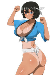 Rule 34 | 1girl, ass, back, black hair, blue eyes, blush, breasts, cleavage, clenched hands, dark skin, dark-skinned female, fundoshi, highres, japanese clothes, kagemusha, large breasts, one-piece tan, original, short hair, simple background, smile, solo, tan, tanline, white background