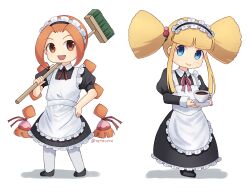 Rule 34 | 2girls, :d, alternate costume, apron, blonde hair, blue eyes, broom, closed mouth, commentary, cup, enmaided, full body, gurumin, hand on own hip, highres, holding, holding broom, holding plate, long hair, maid, maid apron, maid headdress, multiple girls, open mouth, orange eyes, orange hair, parin, plate, popon (gurumin), rerecoro, sidelocks, simple background, smile, standing, tea, teacup, twintails, very long hair, white background