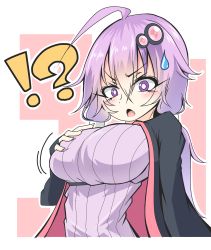Rule 34 | !?, &gt;:o, 1girl, :o, absurdres, bad id, bad pixiv id, blush, grabbing another&#039;s breast, breasts, dress, grabbing, hair ornament, highres, hood, hooded jacket, hoodie, jacket, large breasts, long hair, low twintails, open mouth, purple dress, purple eyes, purple hair, ribbed sweater, sakakiba misogi, grabbing own breast, short hair with long locks, solo, surprised, sweater, twintails, v-shaped eyebrows, vocaloid, voiceroid, yuzuki yukari