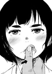 Rule 34 | 1girl, arrow (symbol), bad id, bad twitter id, blush, commentary request, fingernails, greyscale, jitome, lips, looking at viewer, monochrome, nucomas, original, pov, pov hands, short hair, solo focus