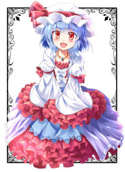 Rule 34 | 1girl, :d, blue hair, blush, dress, e.o., embellished costume, fang, frilled dress, frilled sleeves, frills, hat, highres, jewelry, mob cap, necklace, open mouth, red eyes, remilia scarlet, short hair, sleeves past wrists, smile, solo, too many, touhou