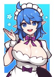 Rule 34 | 1girl, absurdres, ahoge, bacon strips, blue eyes, blue hair, breasts, cleavage, commission, highres, large breasts, looking at viewer, maid, maid headdress, medium hair, open mouth, original, pointy ears, puffy short sleeves, puffy sleeves, short sleeves, smile, solo, teeth, tongue, upper teeth only, wrist cuffs
