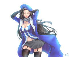 Rule 34 | 1girl, absurdres, adapted costume, aged down, ana (overwatch), arms behind head, black hair, black skirt, black thighhighs, blue shirt, breasts, brown eyes, buttons, captain amari, character name, cleavage, coat, cowboy shot, dark-skinned female, dark skin, dated, eye of horus, facial mark, facial tattoo, garter straps, highres, jacket, large breasts, lips, long hair, long sleeves, looking at viewer, miniskirt, mute (c20029), navel, official alternate costume, overwatch, overwatch 1, partially unbuttoned, shirt, simple background, skirt, solo, tattoo, thighhighs, trench coat, white background