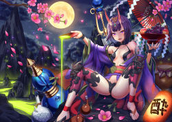 Rule 34 | 1girl, armpits, bottle, breasts, cloud, cloudy sky, collarbone, fangs, fate/grand order, fate (series), flower, full body, full moon, hand up, horns, japanese clothes, kimono, lantern, looking at viewer, moon, mountain, night, obi, oil-paper umbrella, open mouth, outdoors, paper lantern, petals, pink flower, pouring, purple eyes, purple hair, purple kimono, revealing clothes, sake bottle, sash, shide, short hair, shuten douji (fate), sitting, skin-covered horns, sky, small breasts, smile, solo, spread legs, tako seijin, thick eyebrows, umbrella