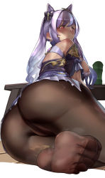 Rule 34 | 1girl, absurdres, artist request, ass, bare shoulders, blush, breasts, cameltoe, cleft of venus, dress, from behind, from below, genshin impact, gloves, hair ornament, hairpin, highres, huge ass, keqing (genshin impact), long hair, looking at viewer, looking back, looking down, medium breasts, pantyhose, purple dress, purple hair, red eyes, shiny clothes, shiny skin, short dress, sideboob, sitting, skirt, solo, twintails, very long hair, yokozuwari