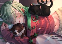 Rule 34 | 1girl, antlers, athies, branch, cat, ceres fauna, clover (ceres fauna), clover (flower), drooling, flower, green hair, hair ornament, highres, hololive, hololive english, horns, long hair, midriff peek, mole, mole under eye, mouth drool, multicolored hair, sleeping, sleeping on person, snail (ceres fauna), sweater, virtual youtuber