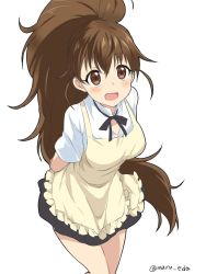 Rule 34 | 1girl, apron, arms behind back, blush, breasts, brown eyes, brown hair, cowboy shot, leaning forward, long hair, looking at viewer, maruki (punchiki), simple background, solo, taneshima popura, twitter username, very long hair, waitress, white background, working!!