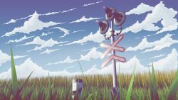 Rule 34 | blue sky, cloud, day, grass, highres, mb0sco, mixed-language commentary, nature, no humans, original, outdoors, railroad crossing, scenery, sky