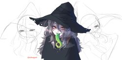 Rule 34 | 1girl, absurdres, black dress, black hat, colored tongue, commission, commissioner name, dress, green tongue, grey hair, hat, highres, long hair, long tongue, looking at viewer, orange eyes, original, popopoka, saliva, simple background, smile, solo, tongue, white background, witch, witch hat