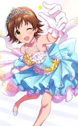 Rule 34 | 1girl, :d, arm up, armpits, bare legs, blush, breasts, brown eyes, brown hair, cleavage, dani-ikapi, dress, frilled dress, frilled gloves, frills, glass slipper, gloves, highres, honda mio, idolmaster, idolmaster cinderella girls, idolmaster cinderella girls starlight stage, layered dress, looking up, medium breasts, one eye closed, open mouth, short hair, simple background, smile, solo, standing, star (symbol), star ornament, striped clothes, striped dress, tiara