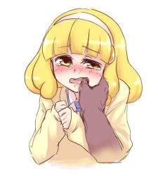 Rule 34 | 10s, 1girl, bad id, bad pixiv id, blonde hair, blush, finger in another&#039;s mouth, hairband, hima (mizu ni tsuyoi), kise yayoi, long sleeves, mouth pull, open mouth, precure, saliva, short hair, sleeves past wrists, smile precure!, solo focus, sweater, white hairband, yellow eyes