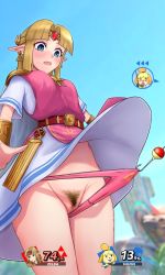 Rule 34 | 2girls, animal crossing, animal ears, animal nose, armor, arrow (symbol), assisted exposure, belt, blonde hair, blue eyes, blue sky, blunt bangs, blush, body fur, breasts, buck teeth, circlet, clothes lift, cowboy shot, crystal, day, dog ears, dog girl, dress, dress lift, embarrassed, female focus, female pubic hair, fishing hook, fishing rod, furry, furry female, furry with non-furry, gem, gradient sky, green vest, groin, hair intakes, hair tie, highres, holding, holding fishing rod, interspecies, irohasu (csah8525), isabelle (animal crossing), legs together, long hair, looking down, medium breasts, multiple girls, nintendo, nose blush, o o, open mouth, outdoors, panties, panty pull, pink panties, plaid, plaid vest, pointy ears, princess zelda, pubic hair, pussy, red gemstone, shirt, short hair, short sleeves, shoulder armor, sidelocks, sky, solo focus, standing, super smash bros., surprised, sweat, tabard, teeth, the legend of zelda, the legend of zelda: a link between worlds, topknot, triforce, triforce earrings, two-tone fur, uncensored, underwear, upskirt, vambraces, vest, wardrobe malfunction, white dress, white eyes, white fur, white shirt, wind, wind lift, yellow fur