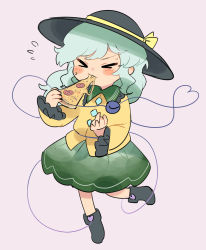 Rule 34 | &gt; &lt;, 1girl, black footwear, blue hair, blush, boots, bow, eating, closed eyes, facing viewer, flying sweatdrops, food, full body, green skirt, grey background, hat, hat bow, heart, heart of string, highres, holding, holding food, komeiji koishi, long sleeves, pizza, sasa kichi, short hair, simple background, skirt, solo, standing, standing on one leg, sweatdrop, third eye, touhou, yellow bow