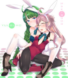 Rule 34 | 10s, 2girls, adapted costume, animal ears, ankle boots, bad id, bad pixiv id, bare shoulders, black legwear, blue eyes, blush, boots, braid, breasts, brown hair, character name, covered navel, cross-laced footwear, detached collar, detached sleeves, double bun, fake animal ears, glasses, green hair, hand on another&#039;s head, high heel boots, high heels, kantai collection, kyuuso inukami, lace-up boots, leotard, long hair, makigumo (kancolle), mole, mole under mouth, multiple girls, one eye closed, pantyhose, playboy bunny, rabbit ears, single braid, sitting, sleeves past wrists, small breasts, spread legs, very long hair, white legwear, yellow eyes, yuugumo (kancolle)