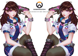 Rule 34 | 1girl, absurdres, acronym, adapted costume, alternate eye color, belt, black footwear, blue dress, boots, bracelet, breasts, brown eyes, brown hair, brown pantyhose, charm (object), chromatic aberration, closed mouth, collarbone, copyright name, covered navel, cropped jacket, d.va (overwatch), dress, earrings, elbow on knee, emblem, english text, eyelashes, facepaint, facial mark, fingernails, green nails, gun, gun to head, hair ornament, hairclip, hand up, handgun, high collar, highres, holding, holding gun, holding weapon, jacket, jewelry, knee boots, knee up, lipstick, logo, long fingernails, long hair, looking at viewer, makeup, matching hair/eyes, medium breasts, nail polish, nose, overwatch, overwatch 1, pantyhose, pink lips, puffy short sleeves, puffy sleeves, purple eyes, purple footwear, rabbit hair ornament, short dress, short sleeves, simple background, sitting, smile, solo, stud earrings, swept bangs, venus symbol, weapon, whisker markings, white background, white jacket