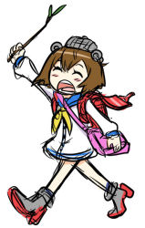 Rule 34 | 10s, 1girl, backpack, bag, brown hair, commentary request, dress, headgear, kantai collection, open mouth, randoseru, sailor dress, short hair, simple background, solo, tonda, yukikaze (kancolle)
