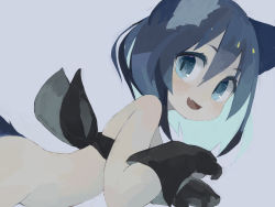 Rule 34 | 1girl, :d, animal ear fluff, animal ears, bandeau, bare shoulders, black bandeau, black gloves, blue background, blue eyes, blue hair, blush, bottomless, commentary request, eyebrows hidden by hair, fang, gloves, hair between eyes, hands up, long hair, looking at viewer, looking to the side, open mouth, original, pappii (paprika shikiso), paprika shikiso, sidelocks, simple background, smile, solo, tail
