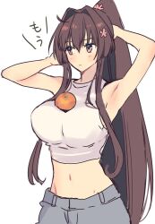 Rule 34 | 1girl, armpits, arms behind head, breasts, brown eyes, brown hair, commentary request, crop top, flower, food, food on body, food on breasts, fruit, grey pants, hair between eyes, hair flower, hair ornament, high ponytail, kantai collection, kasumi (skchkko), large breasts, long hair, looking to the side, mandarin orange, midriff, navel, oppai mochi, pants, ponytail, white background, yamato (kancolle)