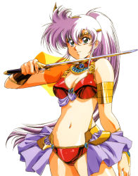 Rule 34 | 1980s (style), 1990s (style), 1girl, armlet, armor, bare shoulders, bikini armor, bracer, circlet, green eyes, highres, jewelry, legend of lemnear, lemnear, light purple hair, long hair, lots of jewelry, navel, official art, oldschool, ponytail, retro artstyle, simple background, solo, sword, urushihara satoshi, weapon