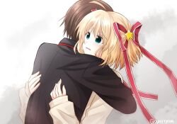 Rule 34 | 1boy, 1girl, ahoge, aqua eyes, blonde hair, brown hair, commentary request, couple, crying, crying with eyes open, grey background, hair ornament, hair ribbon, hetero, hug, kamikita komari, light blush, little busters!, little busters! school uniform, long ribbon, looking afar, naoe riki, open mouth, red ribbon, ribbon, sai (aysityan), school uniform, short hair, simple background, sleeves past wrists, star (symbol), star hair ornament, sweater, tears, twitter username, two side up, upper body, yellow sweater