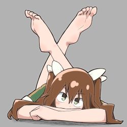 Rule 34 | 10s, 1girl, bad id, bad pixiv id, barefoot, blush, brown eyes, brown hair, clenched hand, eyebrows, feet, feet up, grey background, hair between eyes, kantai collection, long hair, looking at viewer, lying, moe (phrase), on stomach, personification, salpin, short sleeves, soles, solo, toes, tone (kancolle), twintails