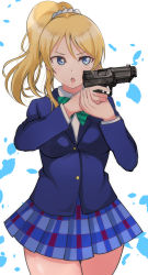 Rule 34 | 1girl, absurdres, ayase eli, blazer, blonde hair, blue eyes, bow, bowtie, check commentary, commentary request, cowboy shot, fn five-seven, fn five-seven, gun, handgun, highres, holding, holding weapon, jacket, love live!, love live! school idol project, miniskirt, pdw-caliber pistol, pistol, pleated skirt, ponytail, school uniform, simple background, skirt, solo, thighs, trigger discipline, weapon, wewe, white background