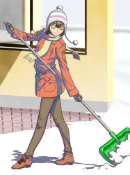 Rule 34 | 1girl, brown hair, closed eyes, francine (daijaemon), gloves, hat, original, pants, pom pom (clothes), scarf, shadow, shovel, snow, solo, winter clothes, worktool