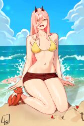 Rule 34 | 1girl, absurdres, alternate costume, bare legs, barefoot, beach, bikini, blue background, breasts, breasts apart, chainsaw man, cloud, cloudy sky, collarbone, commentary, crab, cross-shaped pupils, crying, crying with eyes open, day, english commentary, full body, hair between eyes, highres, horns, l4wless, legs, long hair, looking at viewer, lying, medium breasts, navel, on back, on ground, open mouth, orange eyes, pink hair, power (chainsaw man), red horns, red shorts, sharp teeth, short shorts, shorts, sitting, sky, solo, stomach, swimsuit, symbol-shaped pupils, tears, teeth, thighs, very long hair, wet, yellow bikini