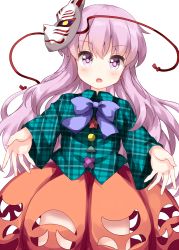 Rule 34 | 1girl, bow, bowtie, bubble skirt, circle, collared shirt, cowboy hat, cowboy shot, cross, green shirt, hat, hata no kokoro, highres, long hair, long sleeves, looking at viewer, mask, mask on head, noh mask, open mouth, orange skirt, outstretched arms, pink eyes, pink hair, plaid, plaid shirt, purple bow, purple bowtie, ruu (tksymkw), shirt, simple background, skirt, solo, standing, star (symbol), touhou, triangle, v-shaped eyebrows, white background
