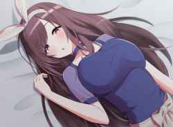 Rule 34 | 1girl, blue bow, blurry, blush, bow, breasts, brown eyes, brown hair, chestnut mouth, choker, commentary request, depth of field, hair bow, idolmaster, idolmaster shiny colors, kuroshiro (ms-2420), large breasts, long hair, looking at viewer, lying, on back, ponytail, solo, tsukioka kogane, upper body