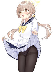 Rule 34 | 1girl, black pantyhose, black sailor collar, blue archive, blush, cardigan, clothes lift, cowboy shot, crotch seam, frilled skirt, frills, hair flaps, halo, hifumi (blue archive), highres, lifting own clothes, light brown hair, long hair, low twintails, open mouth, panties, panties under pantyhose, pantyhose, pleated skirt, sailor collar, simple background, skirt, skirt lift, solo, thighband pantyhose, twintails, underwear, white background, white cardigan, winged halo, wings, yellow eyes, yellow halo, yunikawanade
