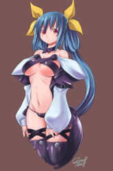 Rule 34 | 1girl, arc system works, blue hair, bow, breasts, detached sleeves, dizzy (guilty gear), guilty gear, hair bow, highres, large breasts, long hair, midriff, navel, omega.ep, solo, tail, thighhighs, underboob
