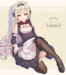 Rule 34 | 1girl, 3:, apron, blonde hair, breasts, detached collar, detached sleeves, english text, fangxiang cuoluan, frills, gradient hair, highres, lace, lace-trimmed legwear, lace trim, long hair, maid, maid apron, maid headdress, mary janes, multicolored hair, original, pocket watch, ribbon-trimmed collar, ribbon trim, shoes, solo, text focus, thighhighs, very long hair, watch, yellow eyes