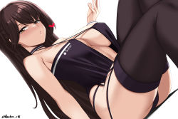 Rule 34 | 1girl, :o, absurdres, azur lane, bare shoulders, black leotard, black thighhighs, breasts, brown hair, center opening, cleavage, collarbone, dutch angle, halterneck, heart, highres, large breasts, leotard, long hair, looking at viewer, navel, official alternate costume, parted lips, race queen, revealing clothes, simple background, sitting, solo, thighhighs, twitter username, very long hair, warden (jadol 9), white background, yellow eyes, zuikaku (azur lane), zuikaku (the wind&#039;s true name) (azur lane)