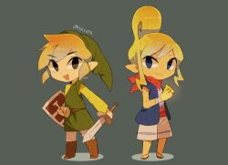 Rule 34 | 1boy, 1girl, artist name, commentary, full body, green shirt, hair bun, hat, holding, holding sword, holding weapon, link, looking at viewer, nintendo, pointy ears, scarf, shield, shirt, short hair, simple background, smile, sword, tetra, the legend of zelda, the legend of zelda: phantom hourglass, the legend of zelda: the wind waker, tokuura, toon link, tunic, weapon
