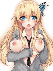 Rule 34 | 10s, 1girl, bad id, bad pixiv id, between breasts, blonde hair, blue eyes, blush, boku wa tomodachi ga sukunai, breasts, breasts out, butterfly hair ornament, cardigan, chestnut mouth, hair ornament, kashiwazaki sena, kou mashiro, large breasts, long hair, looking at viewer, necktie, nipples, open cardigan, open clothes, open mouth, school uniform, simple background, solo, unbuttoned